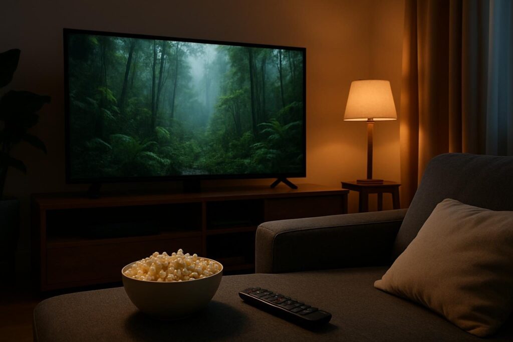 Sala de estar com TV exibindo floresta tropical, pronta para maratona de filmes de dinossauros