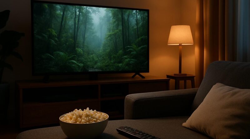 Sala de estar com TV exibindo floresta tropical, pronta para maratona de filmes de dinossauros