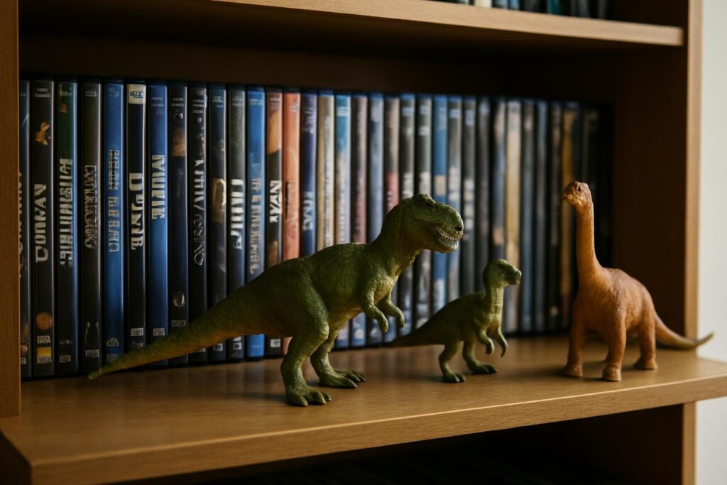 Estante com coleção de filmes organizada em sequência e dinossauros de brinquedo