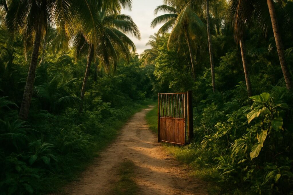 Trilha em ilha tropical com vegetação densa e portão de metal enferrujado ao fundo