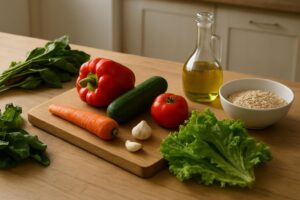 Mesa com legumes frescos, folhas verdes, azeite e aveia, alimentos que ajudam a cuidar do fígado