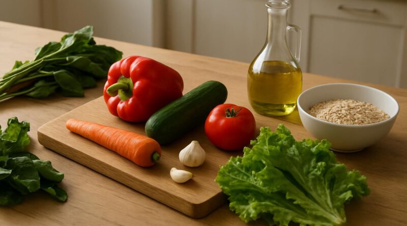 Mesa com legumes frescos, folhas verdes, azeite e aveia, alimentos que ajudam a cuidar do fígado