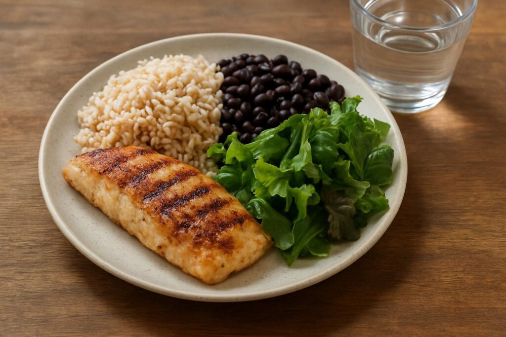 Prato com peixe grelhado, arroz integral, feijão e salada, refeição equilibrada para proteger o fígado